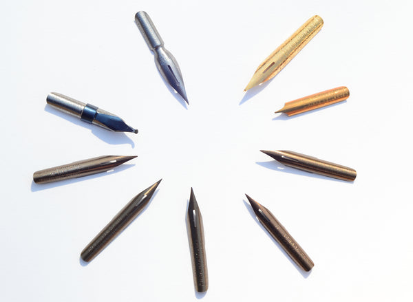 Collection of Birmingham manufactured pen nibs No. 1 - 9